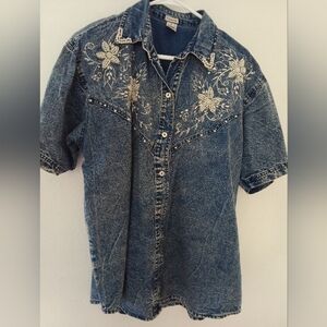 Embroidered Denim Shirt Vintage Cotton Western Button Up